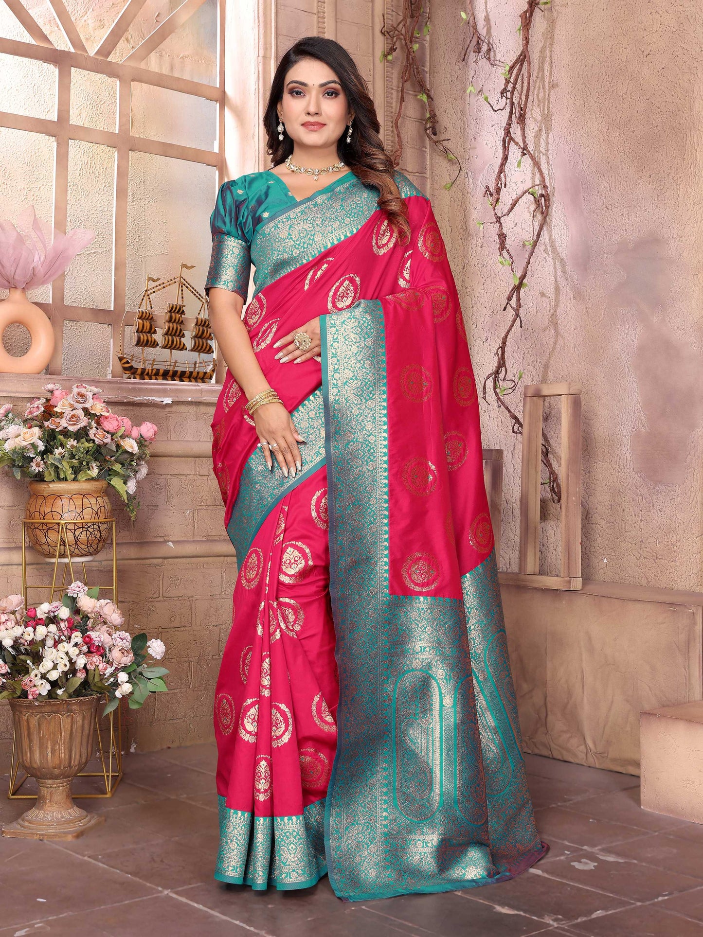 Sonakshi Women's Maharani Banarasi Silk Zari Weaving Saree with Blouse | Swadesiicart