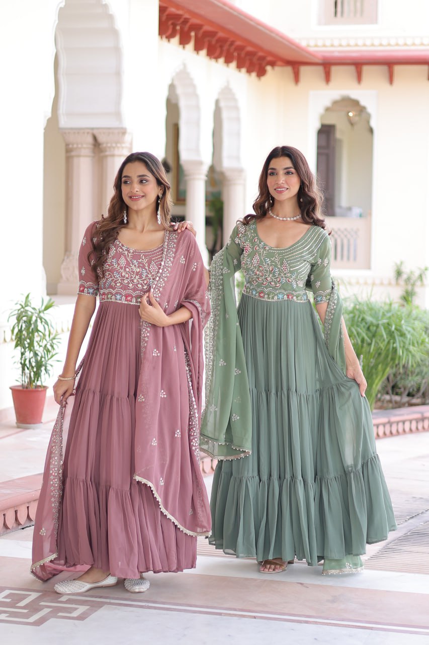 Sonakshi Women's Onion & Pista Faux Blooming With Sequins Multi Thread Beads Embroidered Work Anarkali Gown Set With Dupatta - Swadesiicart