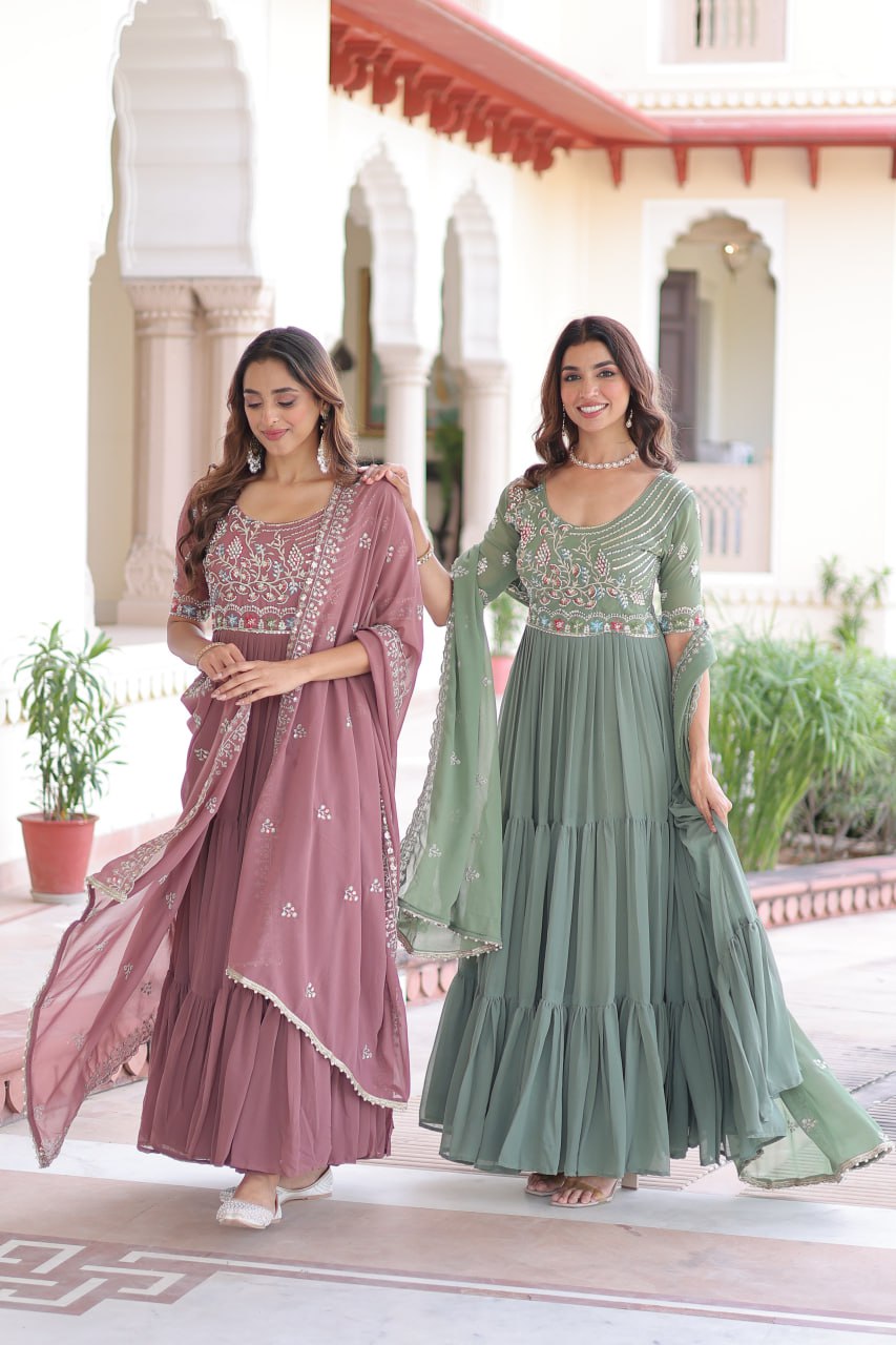 Sonakshi Women's Onion & Pista Faux Blooming With Sequins Multi Thread Beads Embroidered Work Anarkali Gown Set With Dupatta - Swadesiicart