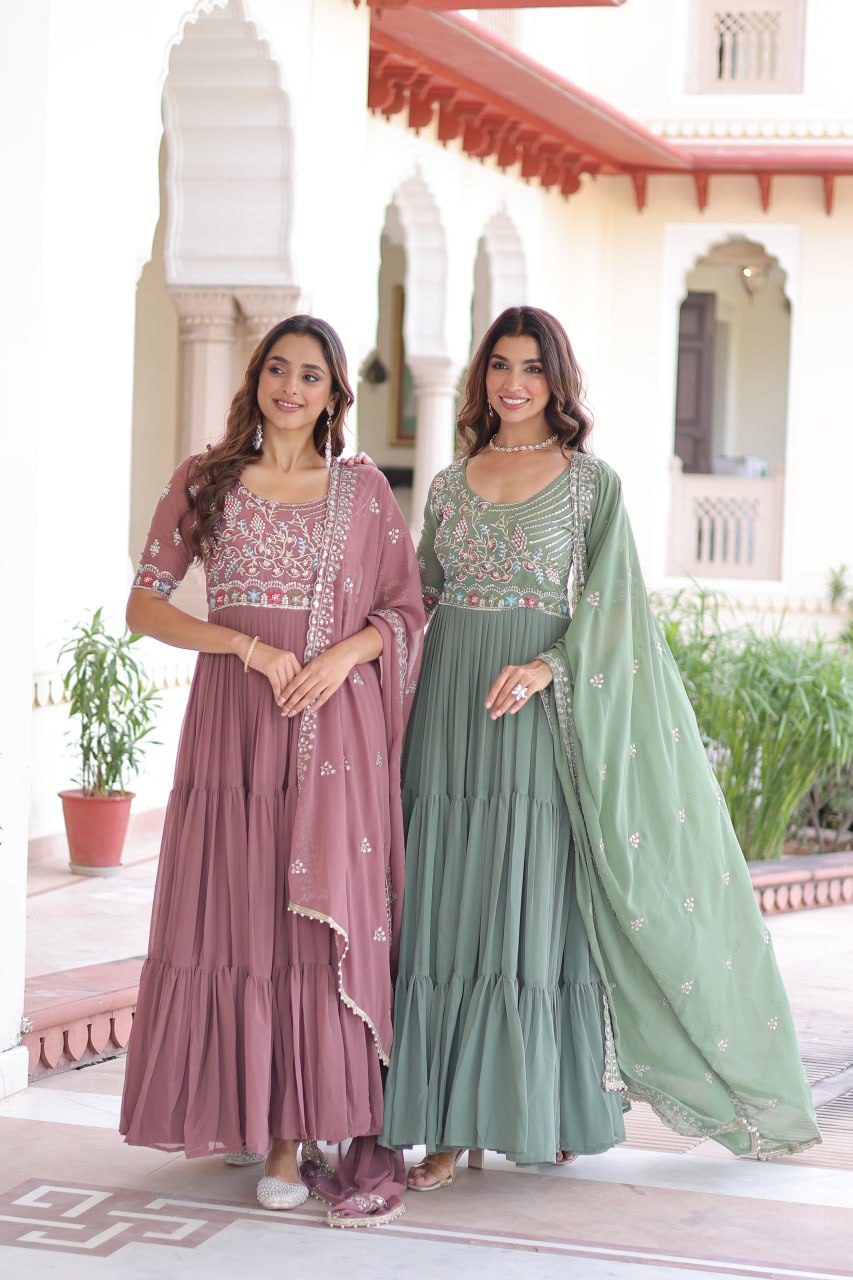 Sonakshi Women's Onion & Pista Faux Blooming With Sequins Multi Thread Beads Embroidered Work Anarkali Gown Set With Dupatta - Swadesiicart