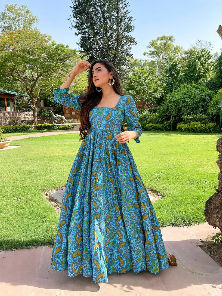 Jyoti Fashion Women's Turquoise Heavy Digital Printed Cotton Silk Anarkali Dress | Swadesiicart