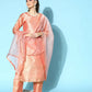 Ahalyaa Women's Peach Colour Poly Silk Printed Kurta Pant Set With Dupatta | Swadesiicart