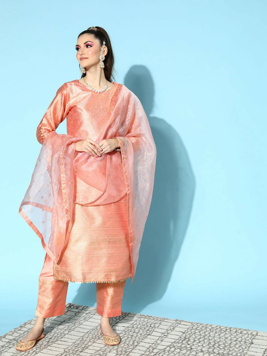 Ahalyaa Women's Peach Colour Poly Silk Printed Kurta Pant Set With Dupatta | Swadesiicart