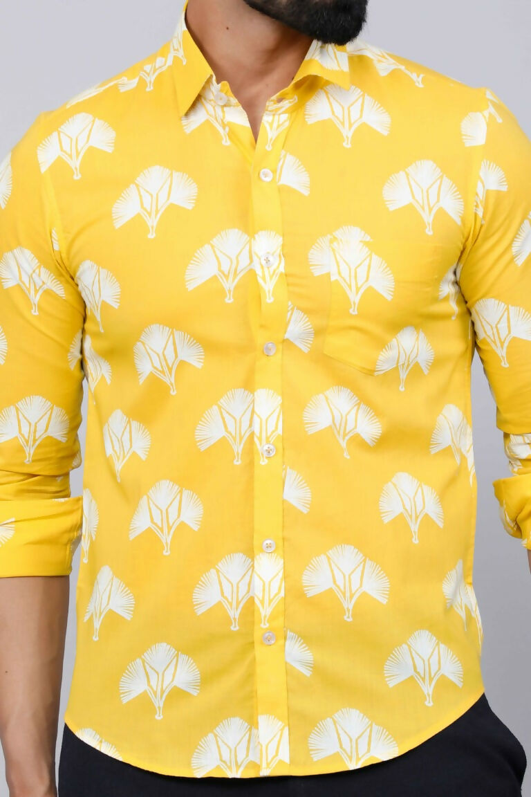 Miravan Men's Yellow and White Floral Printed Full Sleeves Cotton Casual Shirt | Swadesiicart
