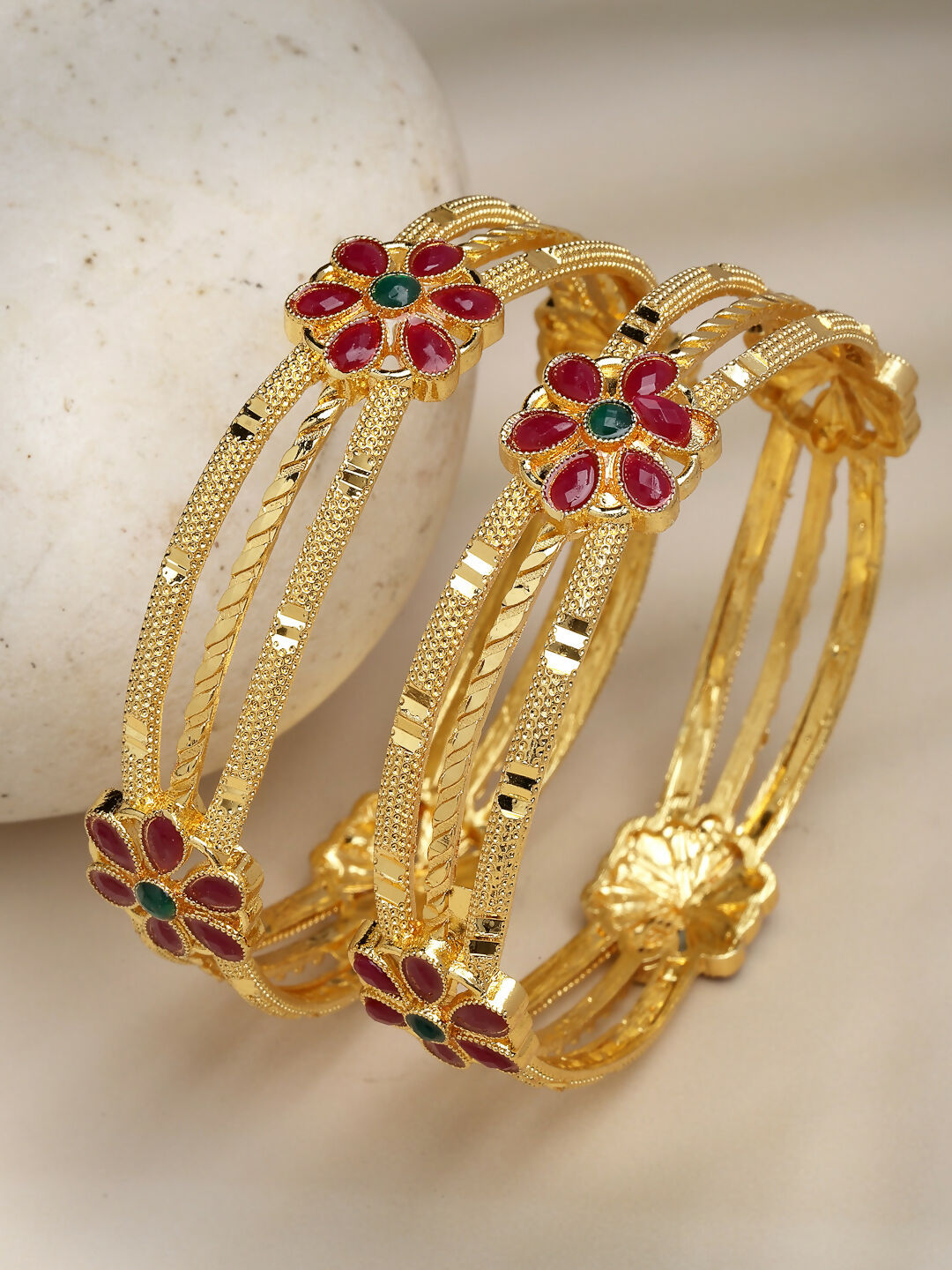 NVR Women's Set of 2 Gold-Polished Artificial Stones Handcrafted Traditional Bangles - Swadesiicart