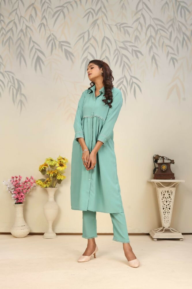 Jyoti Fashion Women's Sea Green Rinkal Cotton Plain with Side Pocket Kurtis & Sets | Swadesiicart