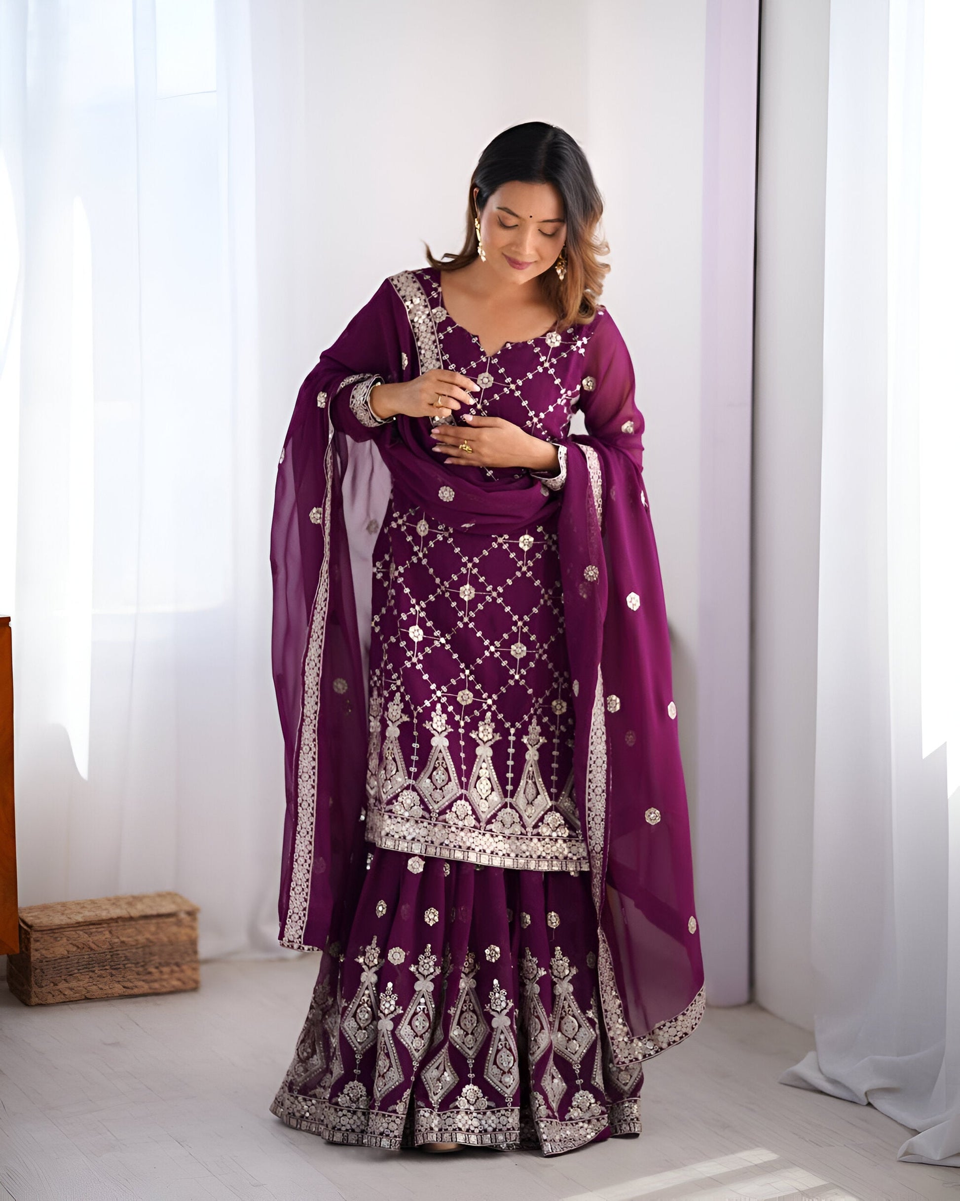 Lehenga Mart Designer Wedding Wear Plazzo Suit for Women - Purple - Swadesiicart
