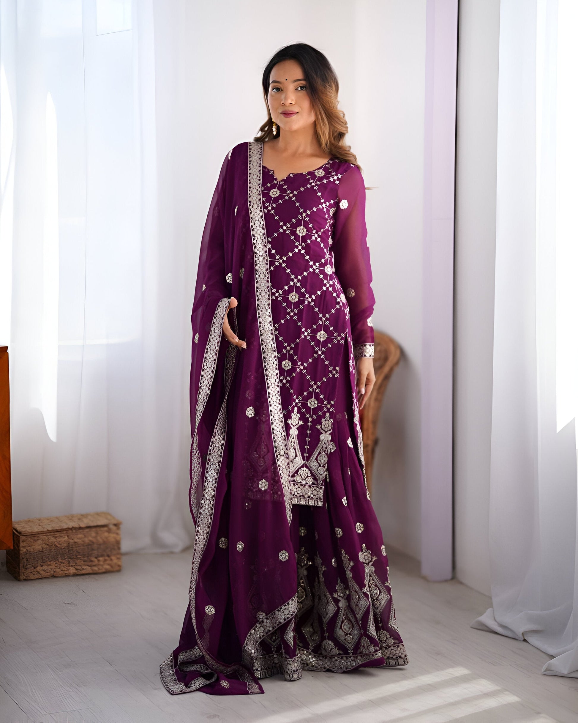 Lehenga Mart Designer Wedding Wear Plazzo Suit for Women - Purple - Swadesiicart