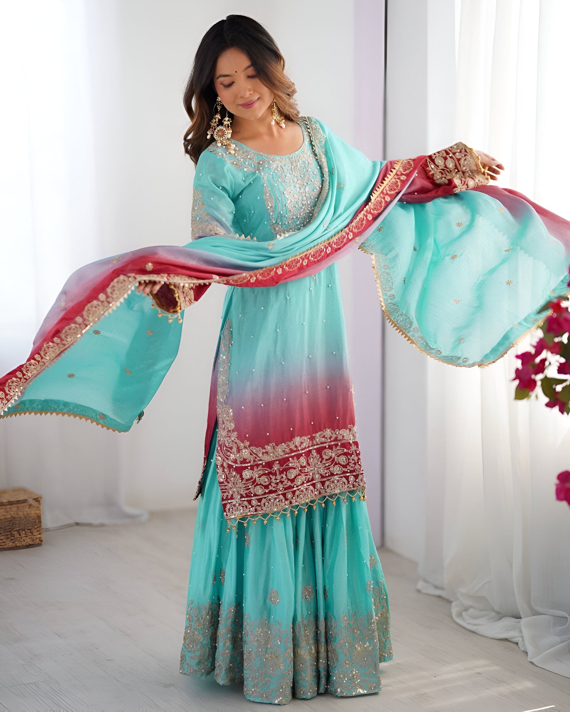 Lehenga Mart Designer Wedding Wear Plazzo Suit for Women - Sky Blue - Swadesiicart
