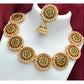 Jewel City Antique Gold Floral Round Disc Necklace Set - Kemp Stone Traditional Choker with Earrings - Handcrafted Temple Jewelry | Swadesiicart