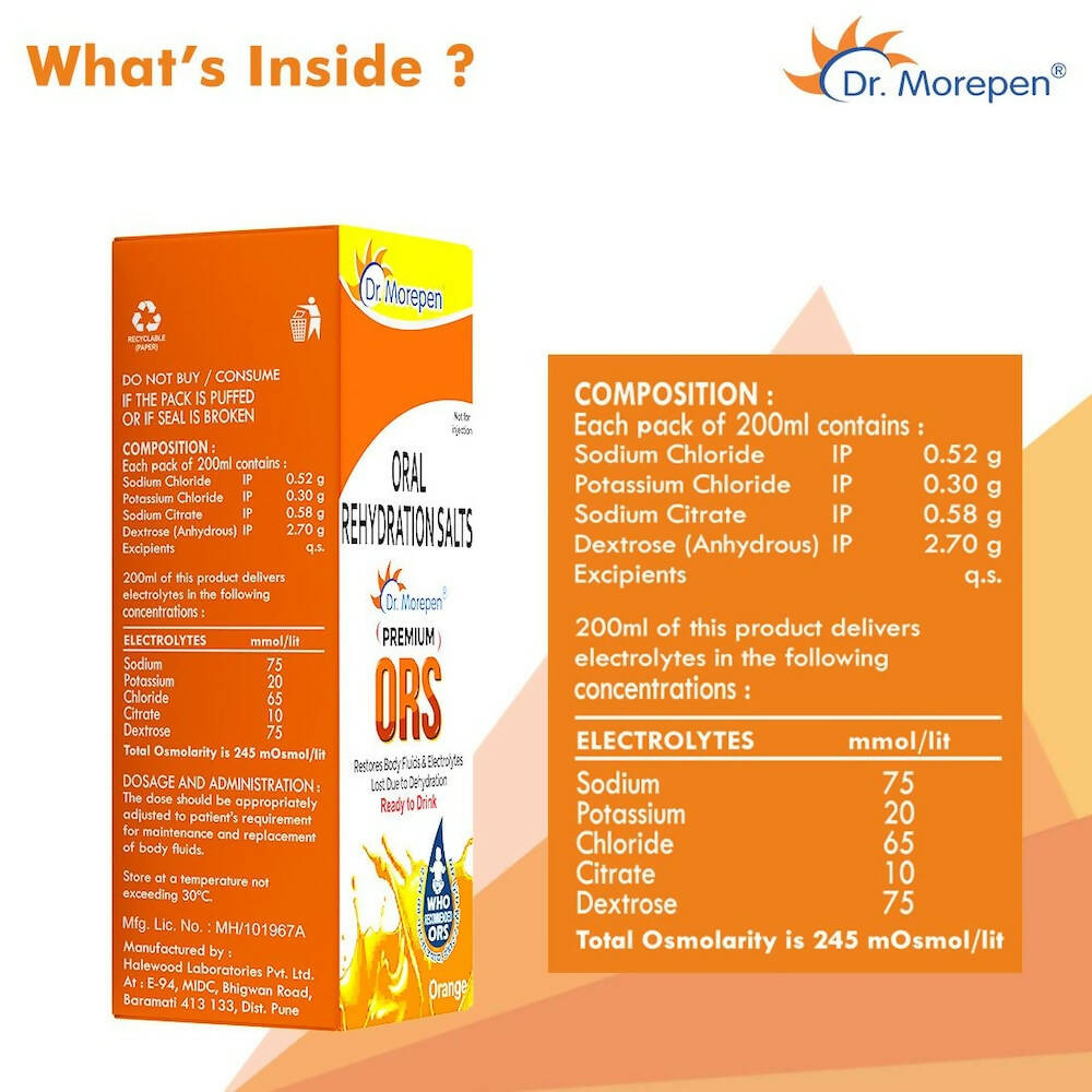 Dr. Morepen Premium ORS Drink With Electrolytes for Instant Hydration Orange Flavour | Swadesiicart