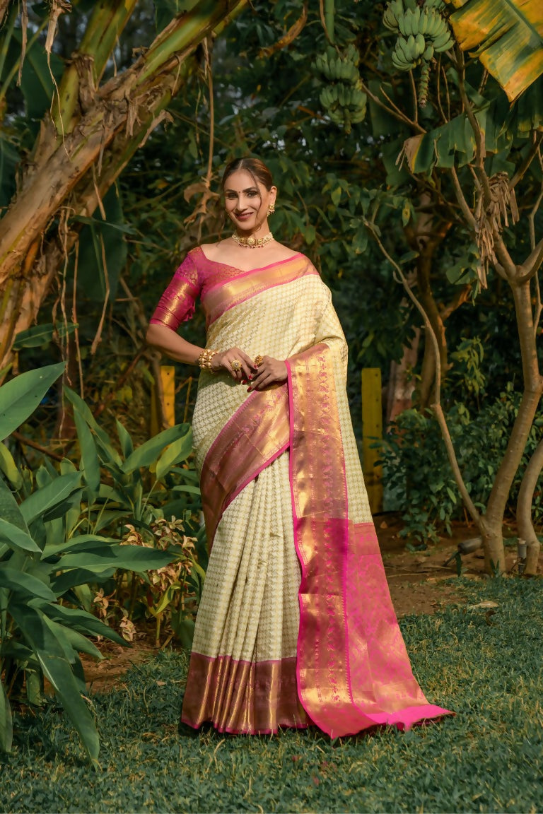 Jyoti Fashion Women's Off White Kanjivaram Silk Zari Woven Saree with Blouse | Swadesiicart