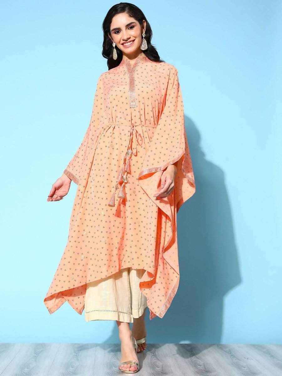 Ahalyaa Women's Peach Crepe Printed Kaftan Kurta | Swadesiicart