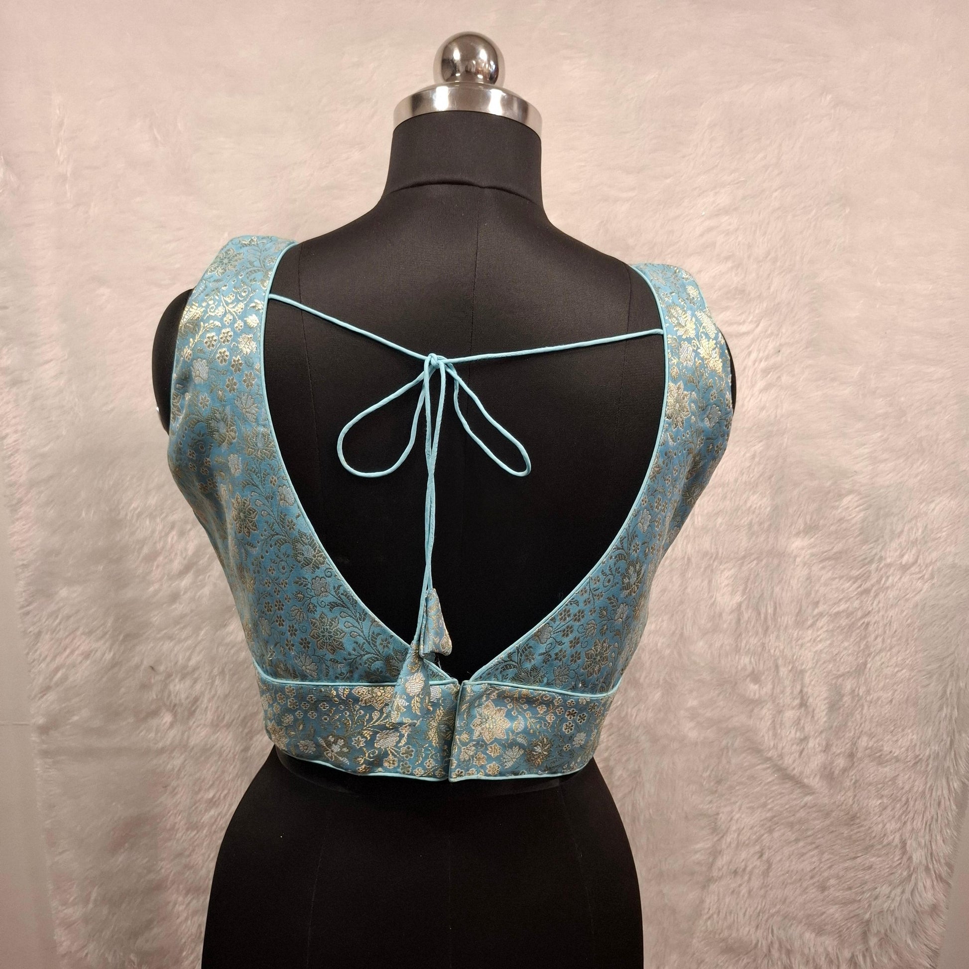 Kia Fashions Blue Banarasi With Gold & Silver Weave Readymade Blouse | Swadesiicart