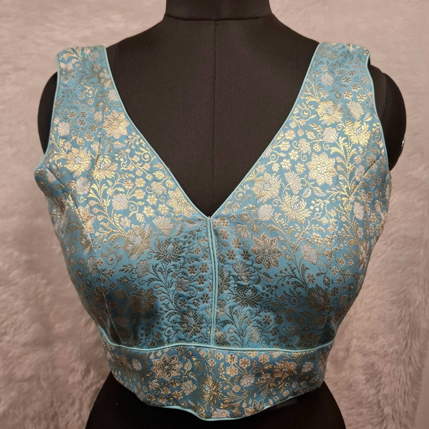 Kia Fashions Blue Banarasi With Gold & Silver Weave Readymade Blouse | Swadesiicart