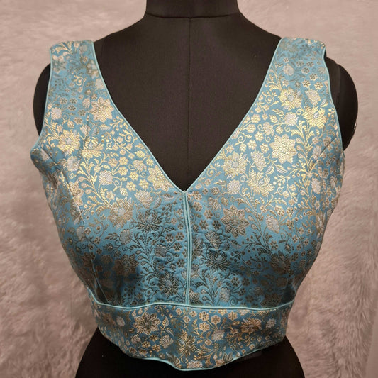 Kia Fashions Blue Banarasi With Gold & Silver Weave Readymade Blouse | Swadesiicart