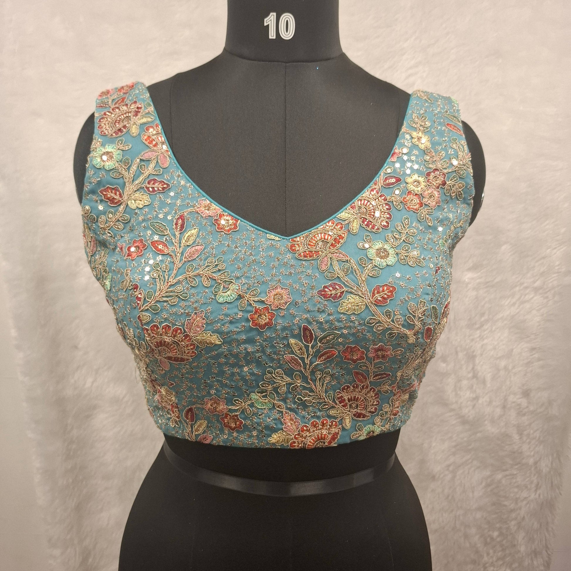 Kia Fashions Aqua Blue Georgette Multi Color Emb & Sqn Readymade Blouse - Swadesiicart
