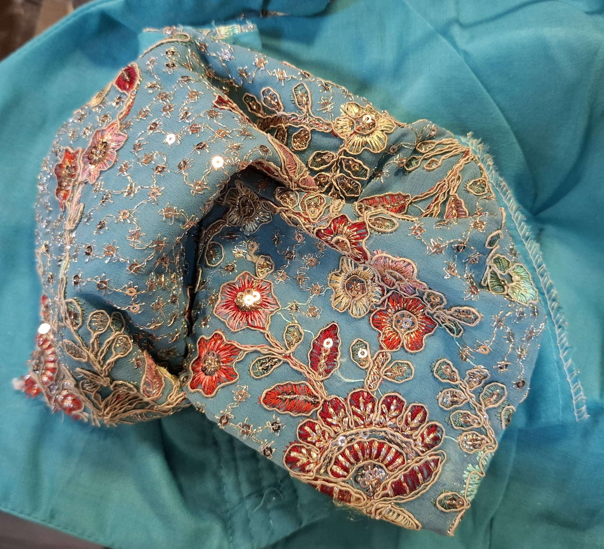 Kia Fashions Aqua Blue Georgette Multi Color Emb & Sqn Readymade Blouse - Swadesiicart