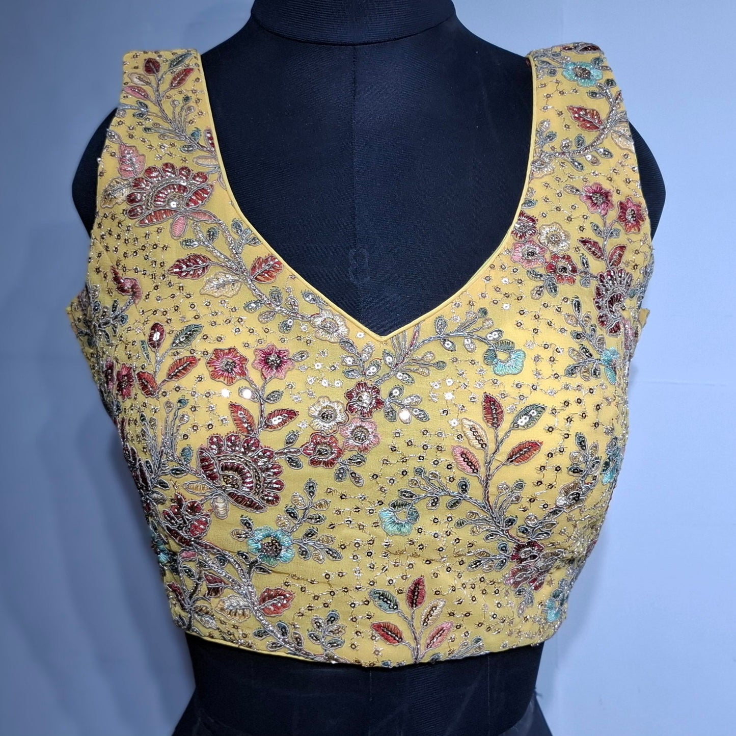 Kia Fashions Eggyolk Yellow Georgette Multi Color Emb & Sqn Readymade Blouse - Swadesiicart
