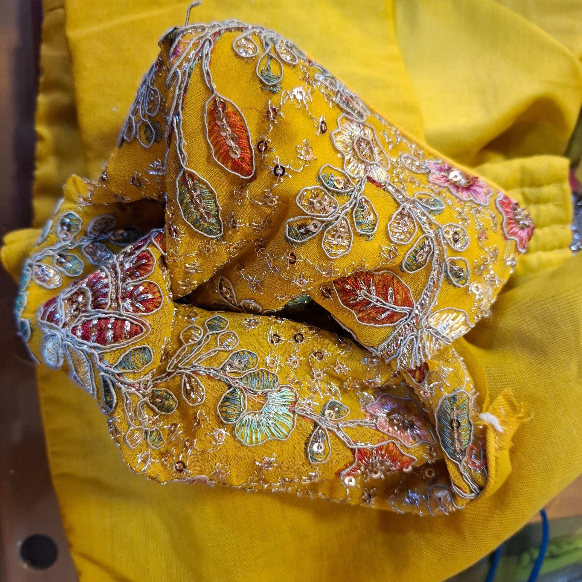 Kia Fashions Mustard Yellow Georgette Multi Color Emb & Sqn Readymade Blouse - Swadesiicart