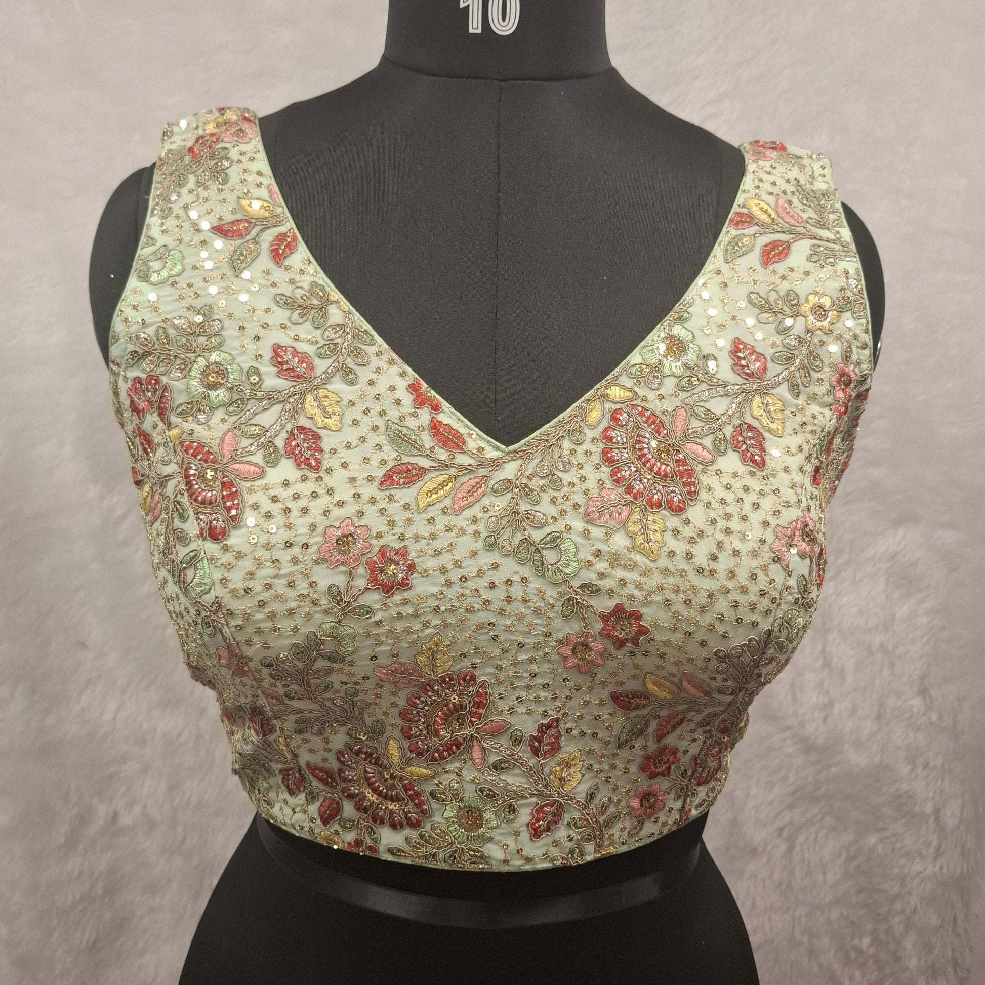 Kia Fashions Pistachio Green Georgette Multi Color Emb & Sqn Readymade Blouse - Swadesiicart