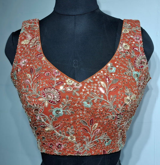 Kia Fashions Rust Georgette Multi Color Emb & Sqn Readymade Blouse - Swadesiicart