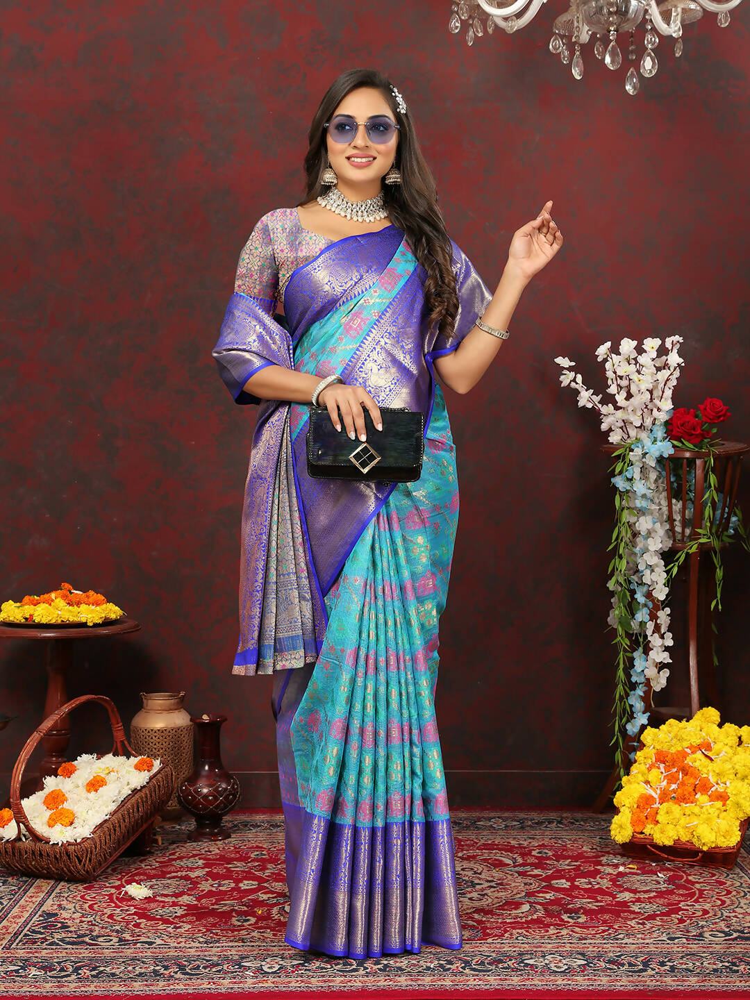 Lorenvalley Fashion Skyblue Cotton Woven Design Zari Meenakari Weaving Saree - Swadesiicart