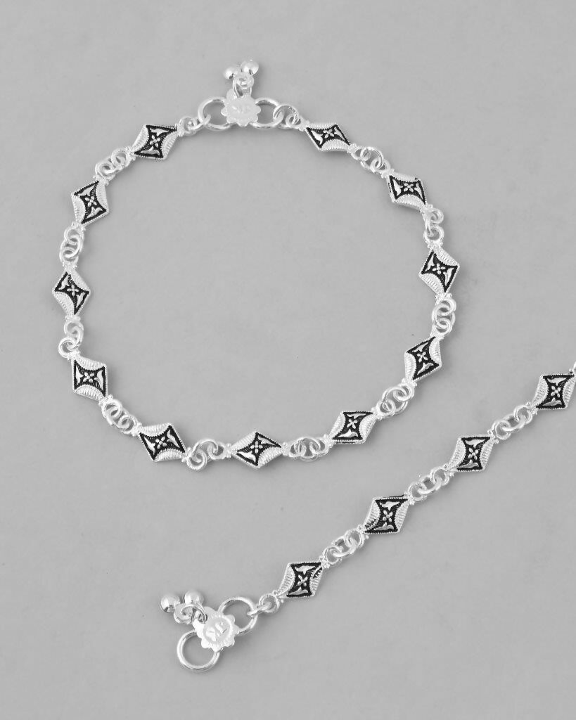 VOJ Set of 2 Silver Plated Designer Stainless Steel Anklet - Swadesiicart