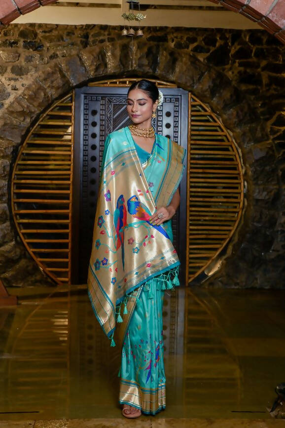 Vishnu Weaves Women's Sea Green Paithani Silk Zari Woven Saree with Unstitched Blouse - Swadesiicart