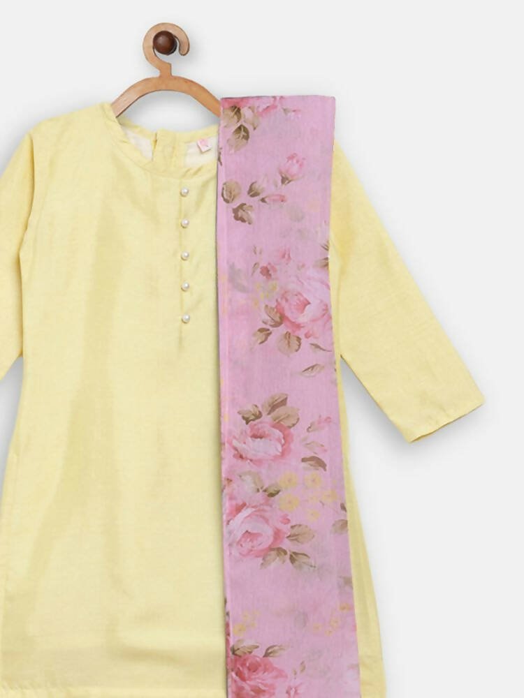 Ahalyaa Yellow Poly Silk Kids Kurta Pant With Dupatta For Girls | Swadesiicart