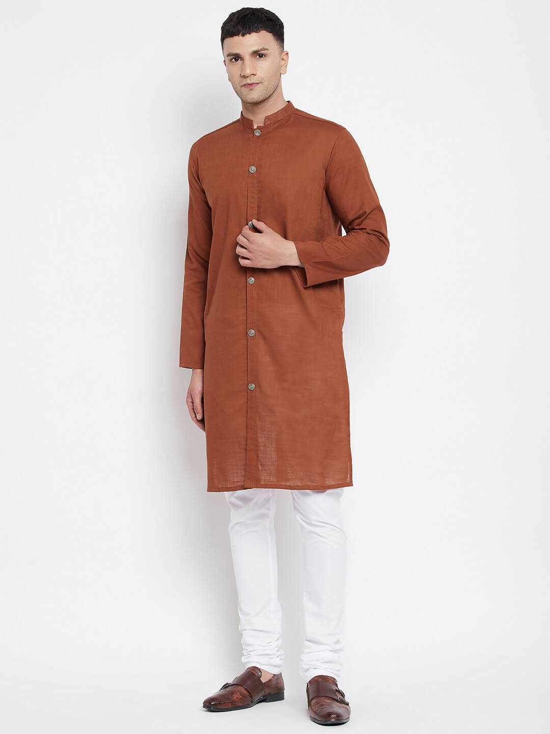 Even Apparels Brown Pure Cotton Men's Sherwani Kurta With Open Front | Swadesiicart