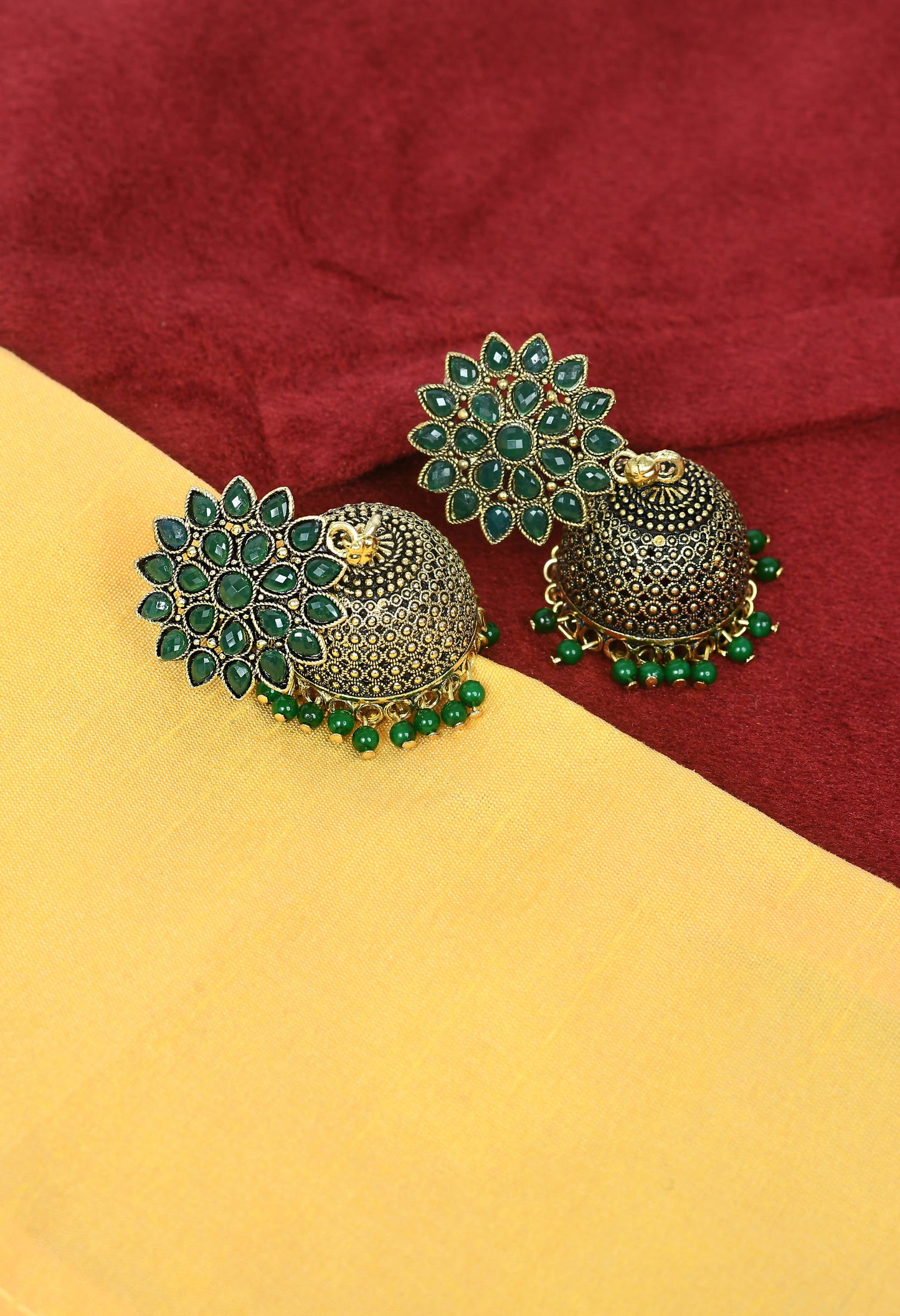 Mominos Fashion Johar Kamal Beautiful Kundan Work Jhumka With Green Beads - Swadesiicart