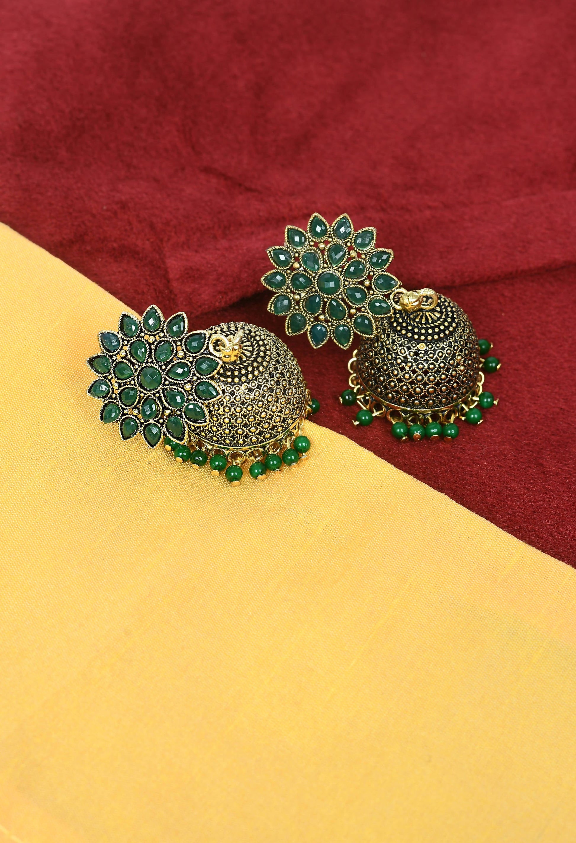 Mominos Fashion Johar Kamal Beautiful Kundan Work Jhumka With Green Beads - Swadesiicart