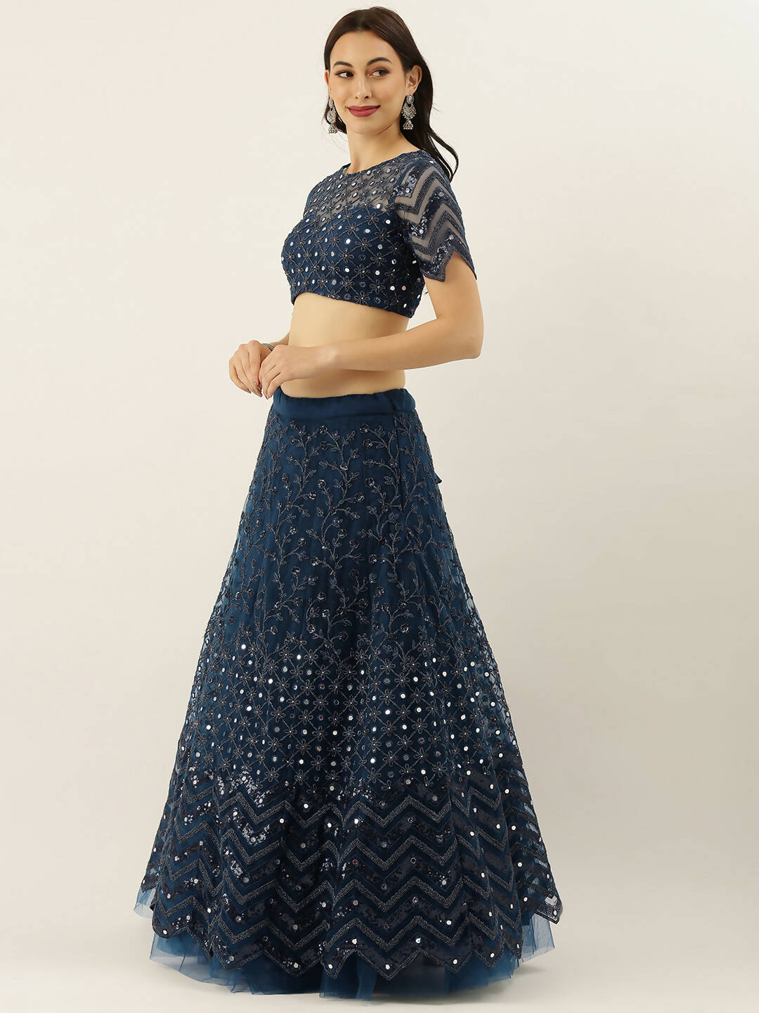 House of Panchhi Navy Blue Net Semi Stitched Coding, Sequins and Mirror work Lehenga Choli | Swadesiicart