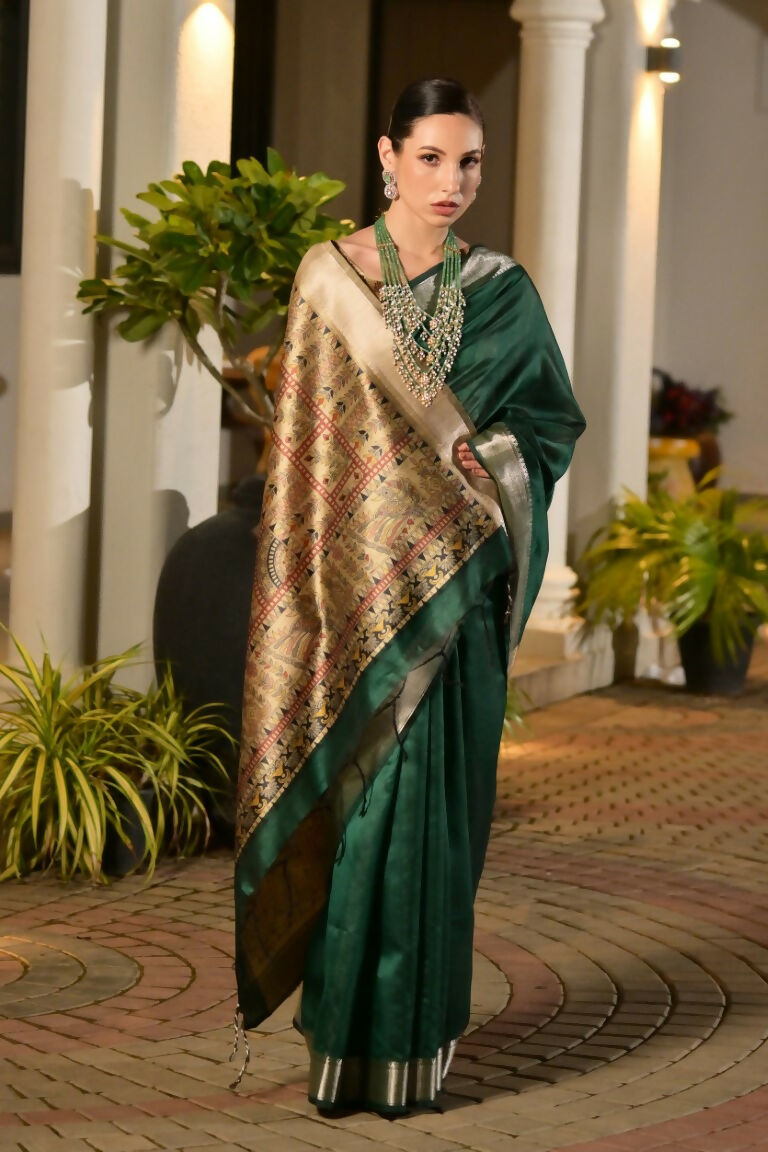 Vishnu Weaves Women's Green Soft Tussar Silk Printed Saree with Blouse - Swadesiicart