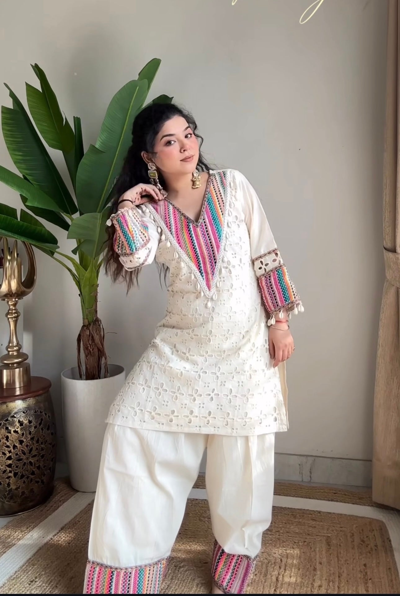 Prazu Fashion Off White Khadi Cotton Schiffli Work Co-Ord Set - Swadesiicart