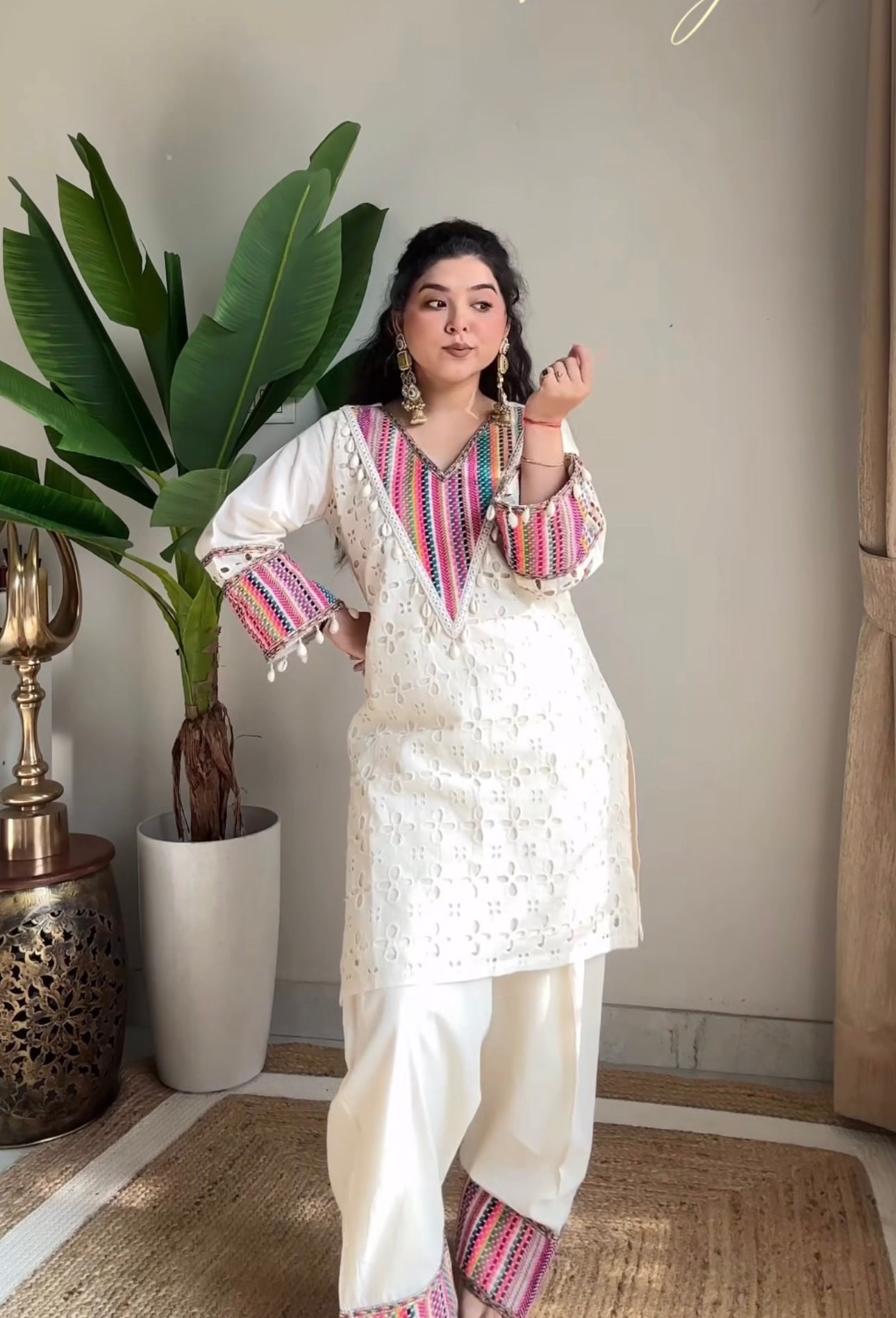 Prazu Fashion Off White Khadi Cotton Schiffli Work Co-Ord Set - Swadesiicart