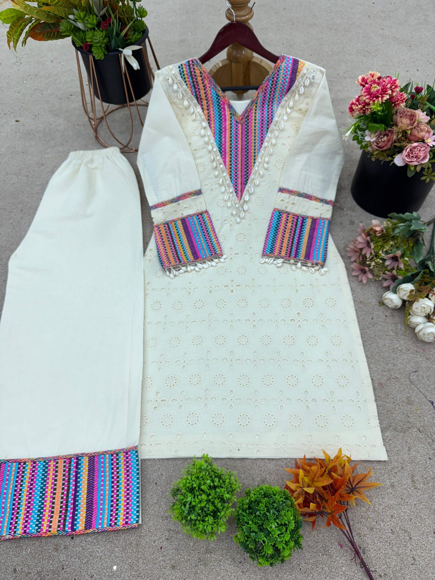Prazu Fashion Off White Khadi Cotton Schiffli Work Co-Ord Set - Swadesiicart