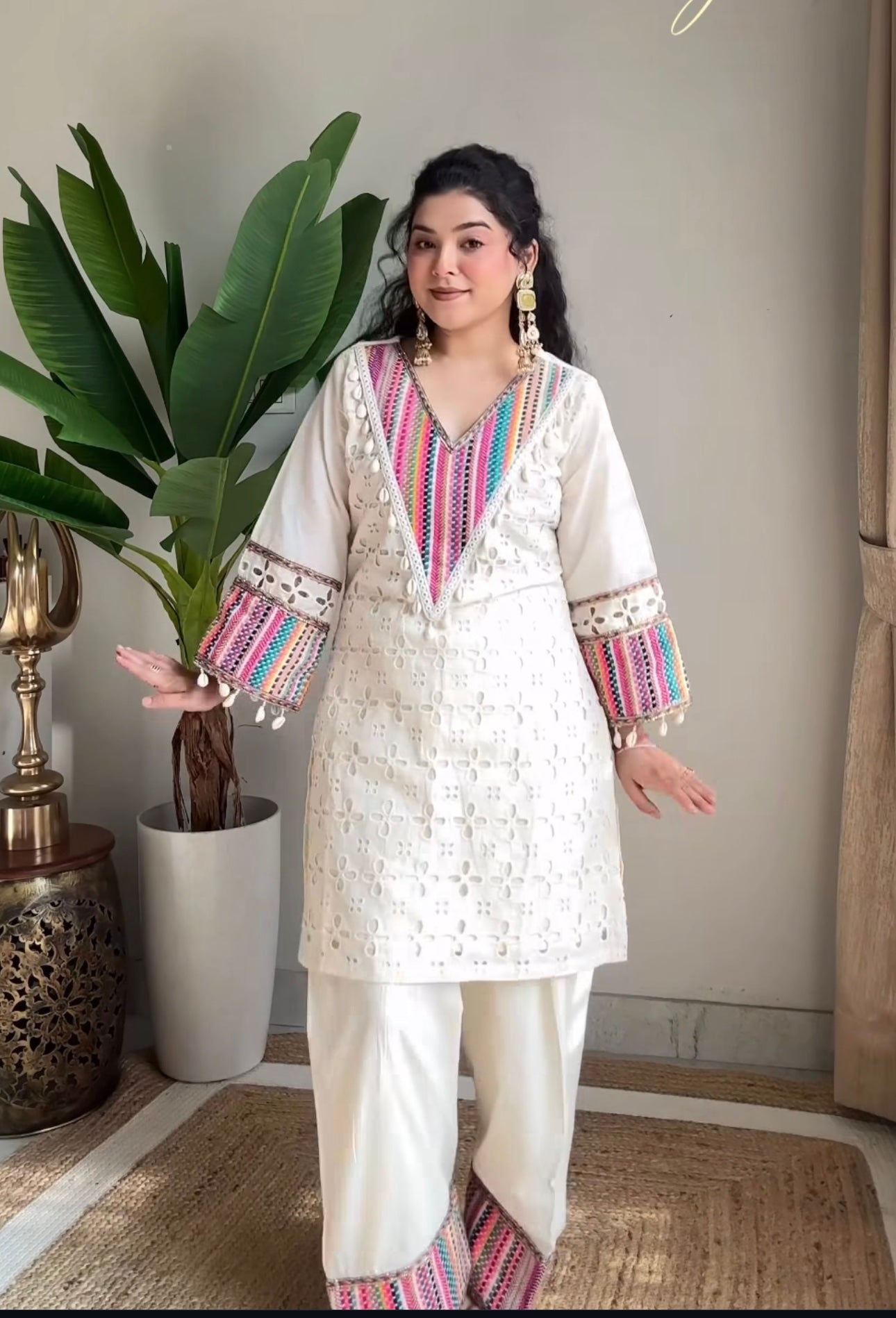 Prazu Fashion Off White Khadi Cotton Schiffli Work Co-Ord Set - Swadesiicart