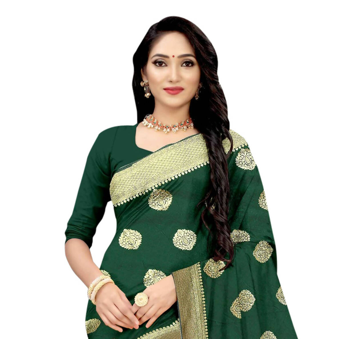 Vamika Weaving Banarasi Jacquard Green Saree | Swadesiicart
