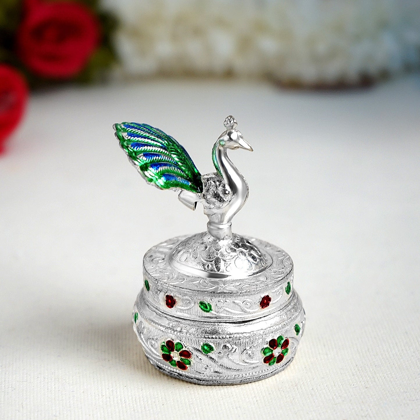 Sri Rudra German Silver peacok Dibbl Full Mena 45g(SR 02737) | Swadesiicart