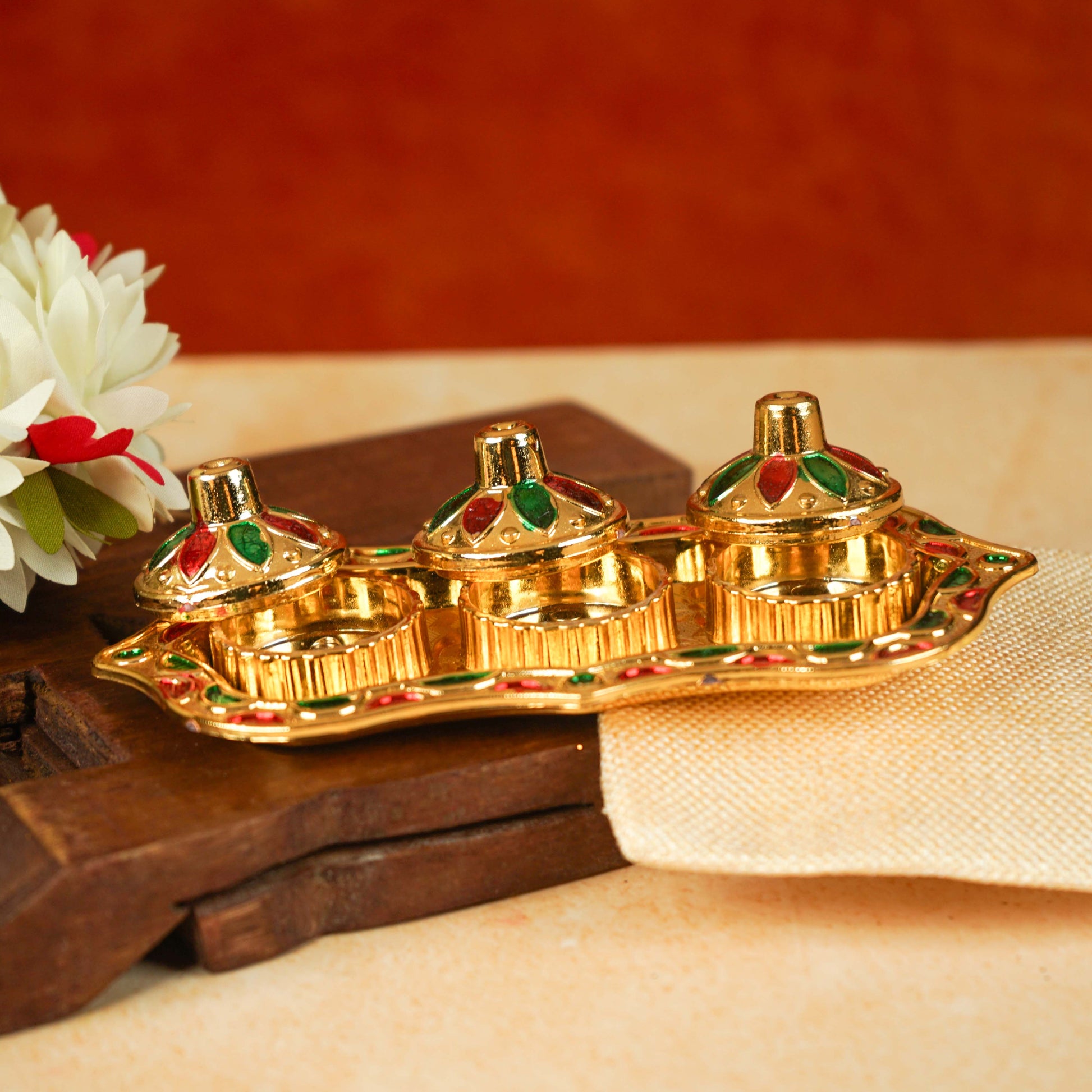 Sri Rudra Fiber Gold Kumkum Haldi Chandan Tray (SR 01962) - Swadesiicart