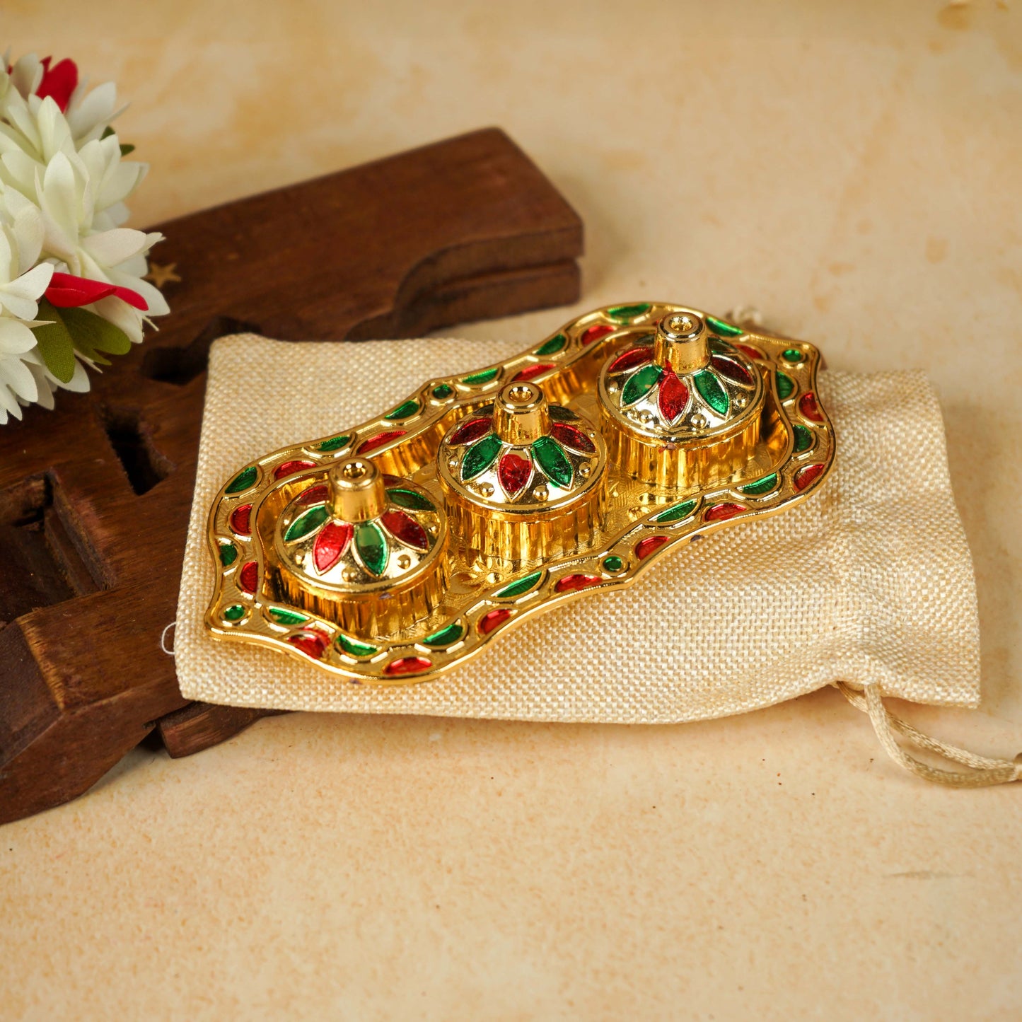 Sri Rudra Fiber Gold Kumkum Haldi Chandan Tray (SR 01962) - Swadesiicart