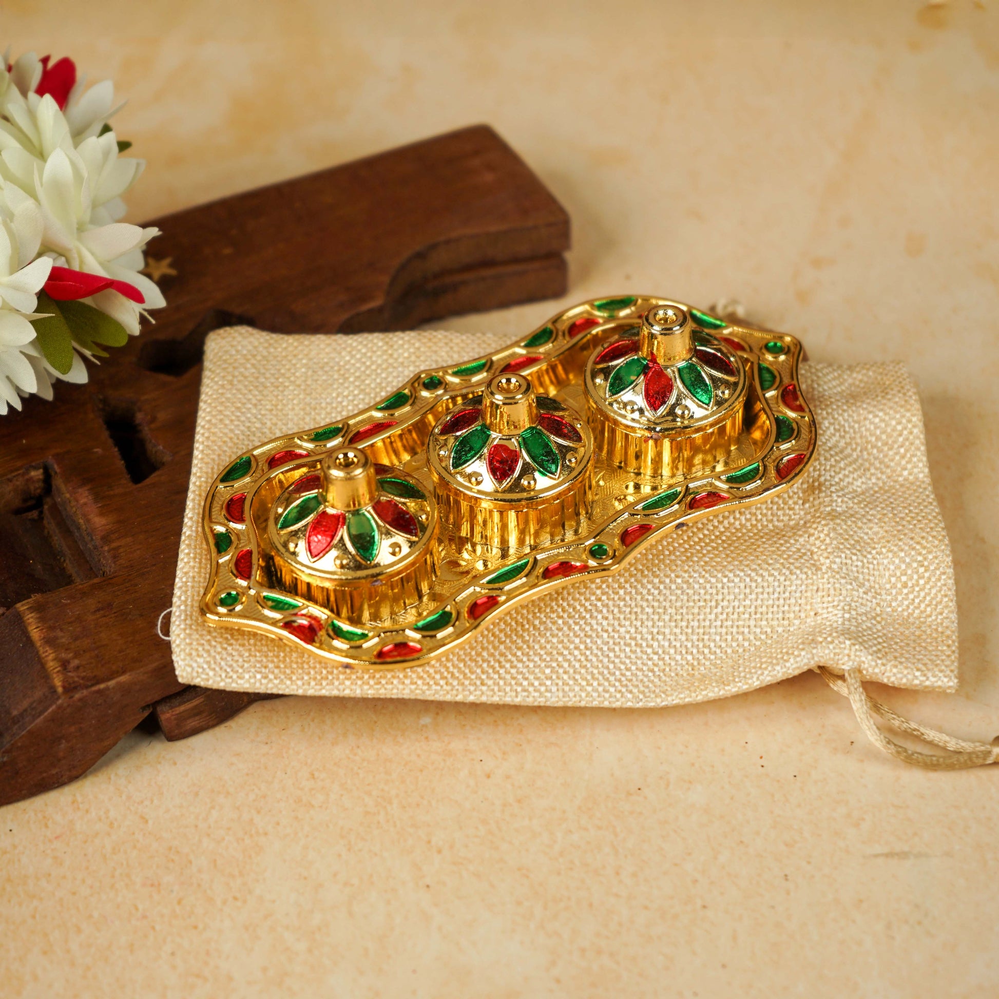 Sri Rudra Fiber Gold Kumkum Haldi Chandan Tray (SR 01962) - Swadesiicart