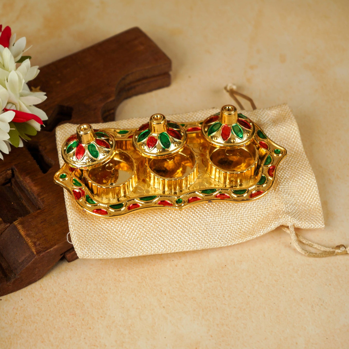 Sri Rudra Fiber Gold Kumkum Haldi Chandan Tray (SR 01962) - Swadesiicart