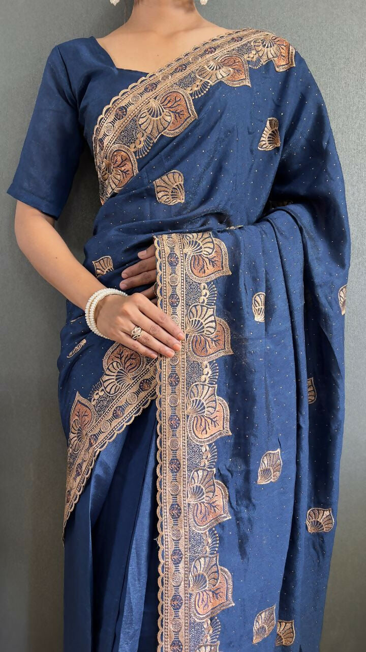 Vastranavya Blue Vichitra Silk Zari with Swarovski Work Ready to Wear Saree | Swadesiicart