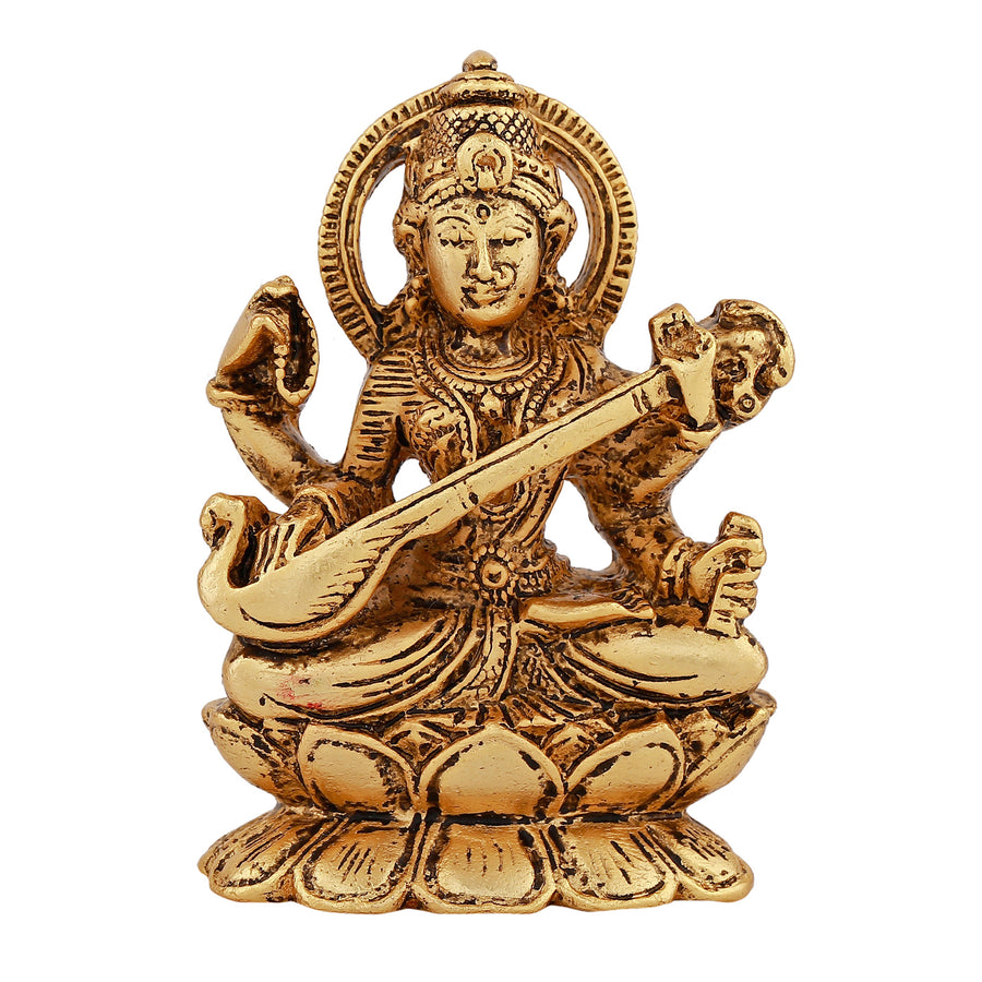 Estele Gold-Polished Goddess of Knowledge Sarasavti Ma Idol for Home & Car decor - Swadesiicart