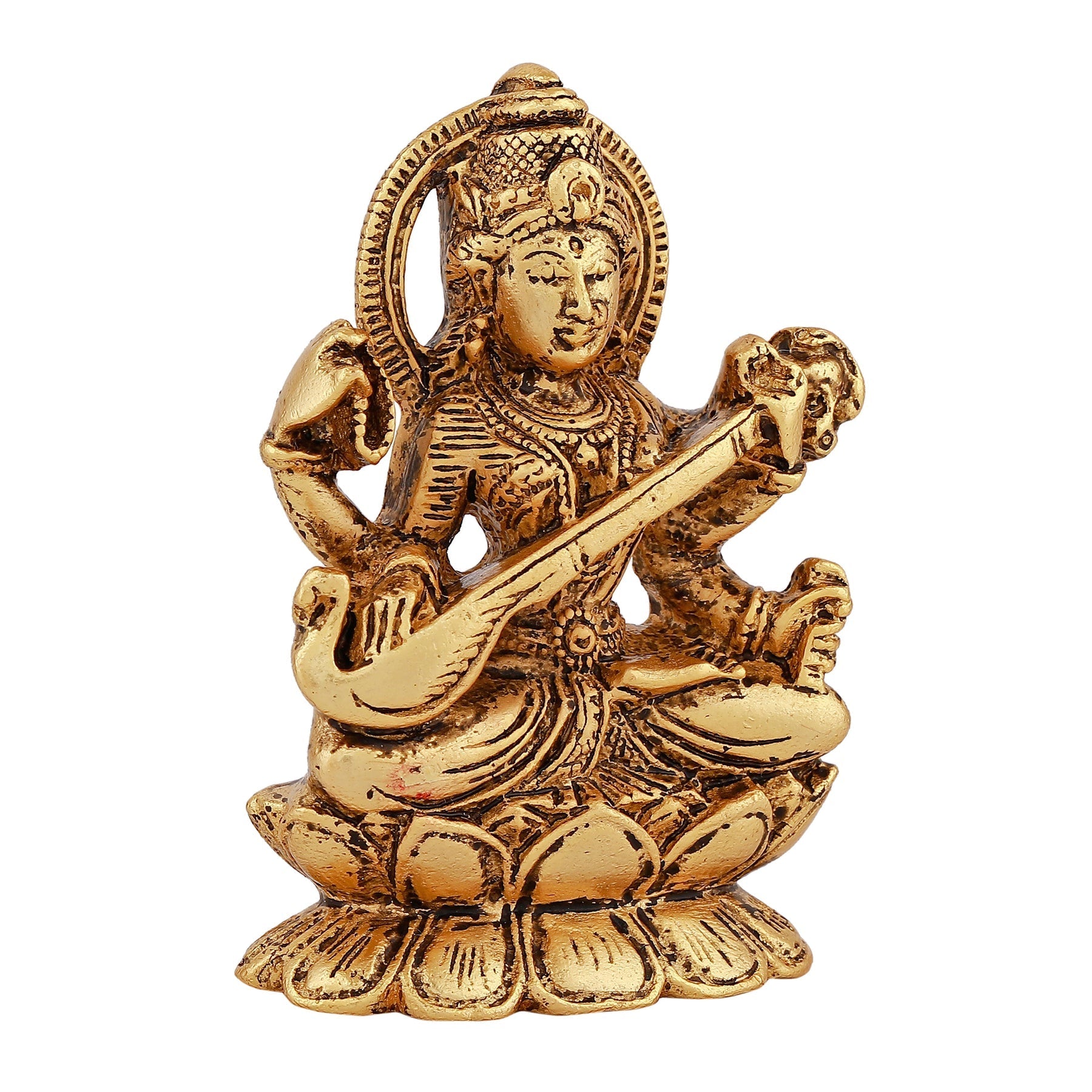 Estele Gold-Polished Goddess of Knowledge Sarasavti Ma Idol for Home & Car decor - Swadesiicart