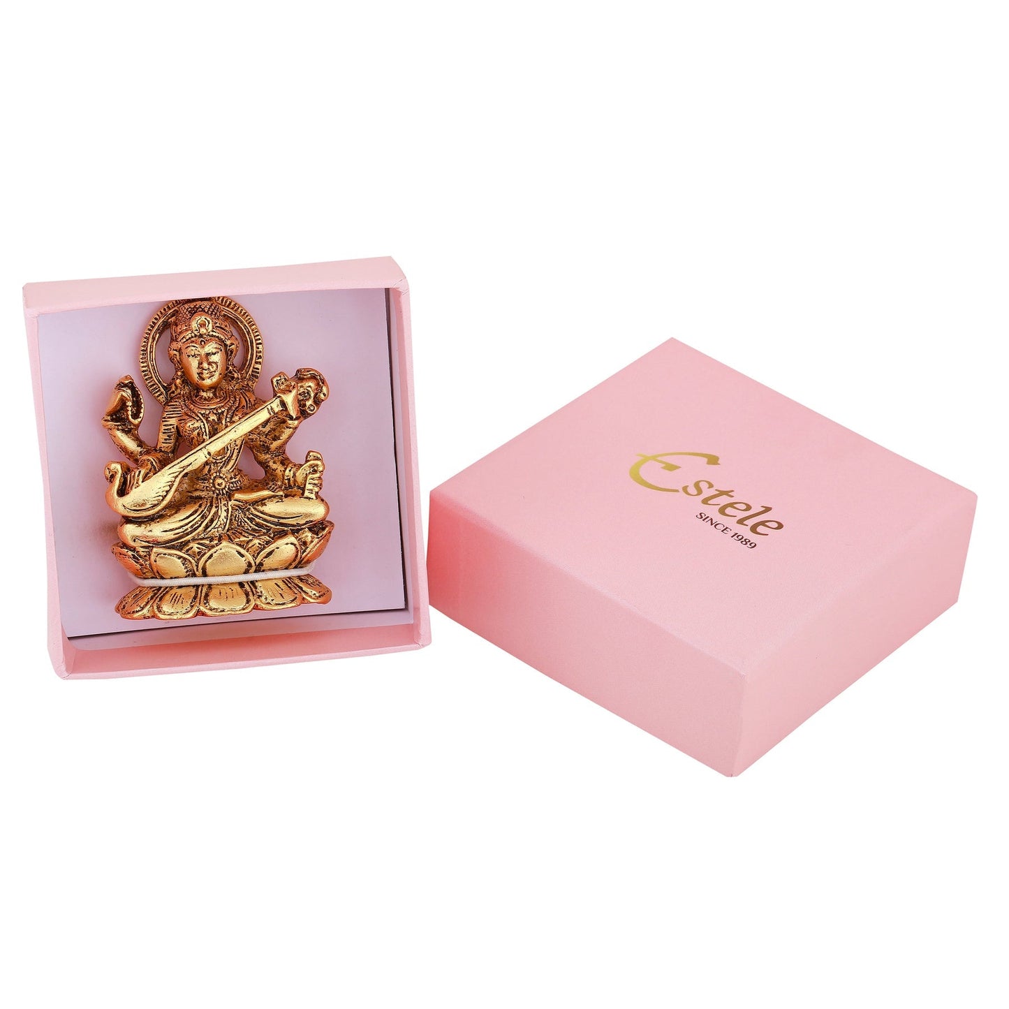 Estele Gold-Polished Goddess of Knowledge Sarasavti Ma Idol for Home & Car decor - Swadesiicart