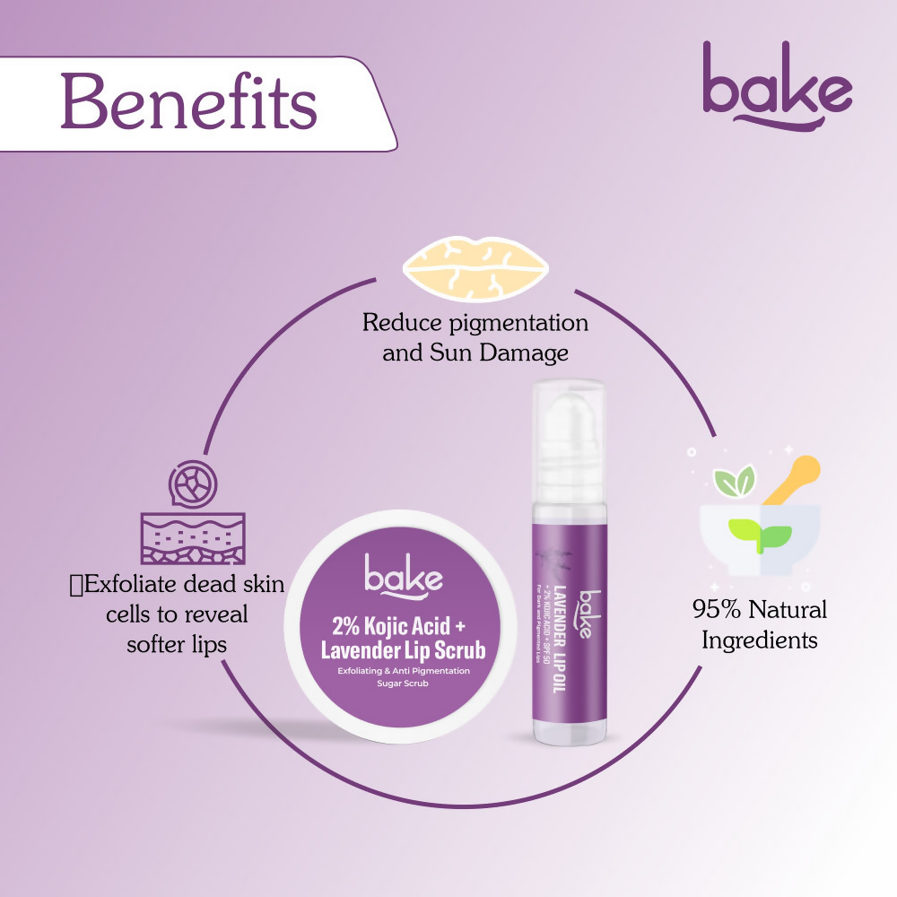 Bake Kojic Acid Lavender Lip Kit With Lip Balm SPF 50 & Lip Scrub For Dark & Pigmented Lips | Swadesiicart